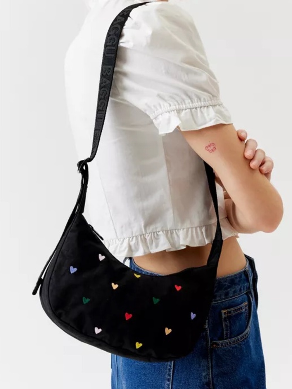 BAGGU Small Nylon Crescent Bag - Embroidered Hearts